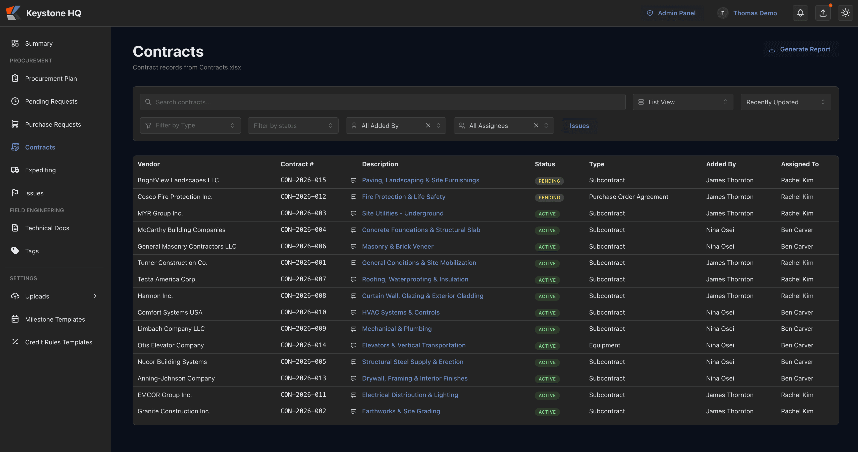 Keystone HQ contract registry with status, type, vendor, and assignee