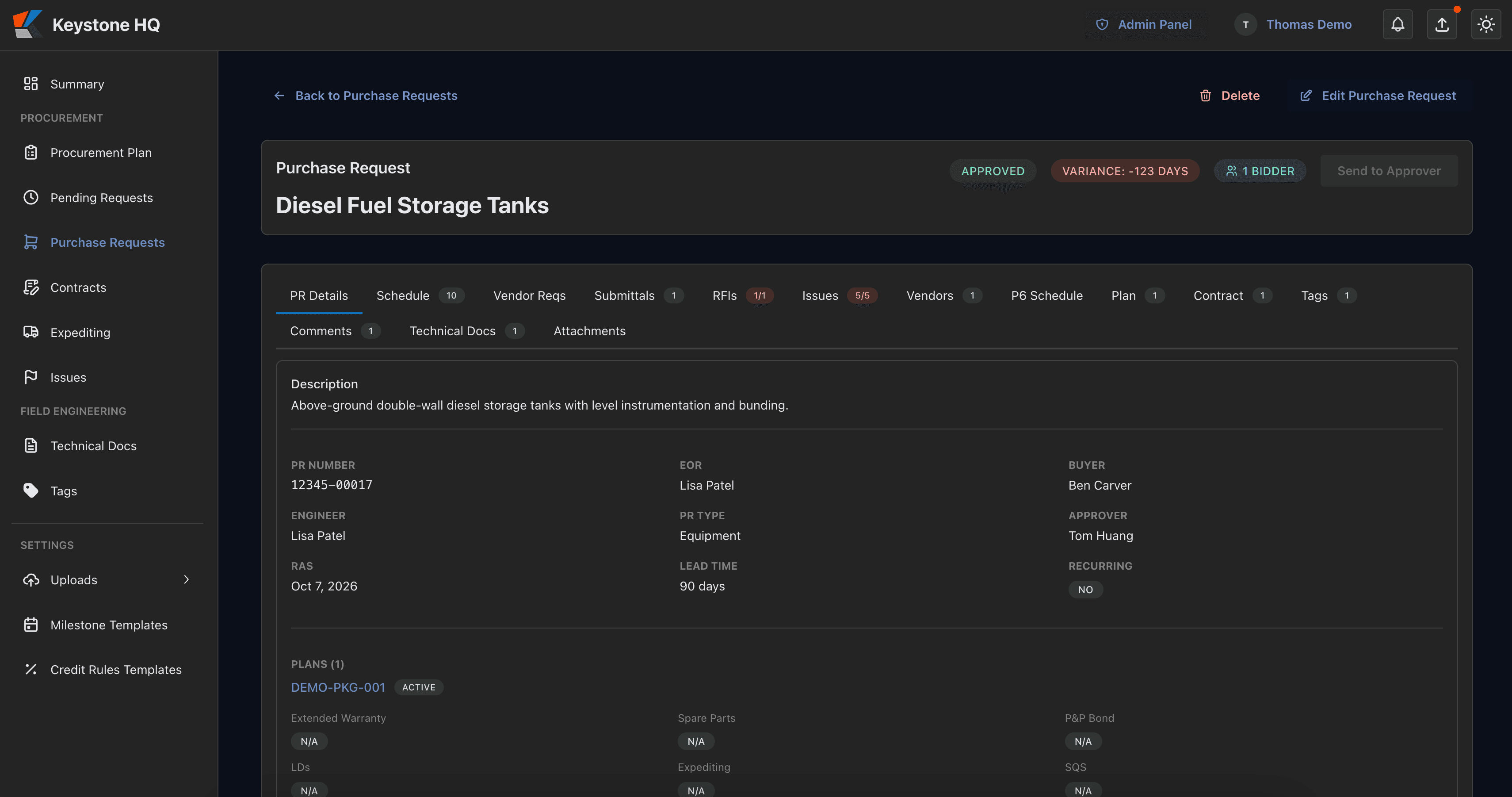 Keystone HQ purchase request detail with inline comments, flagged issues, and linked RFIs